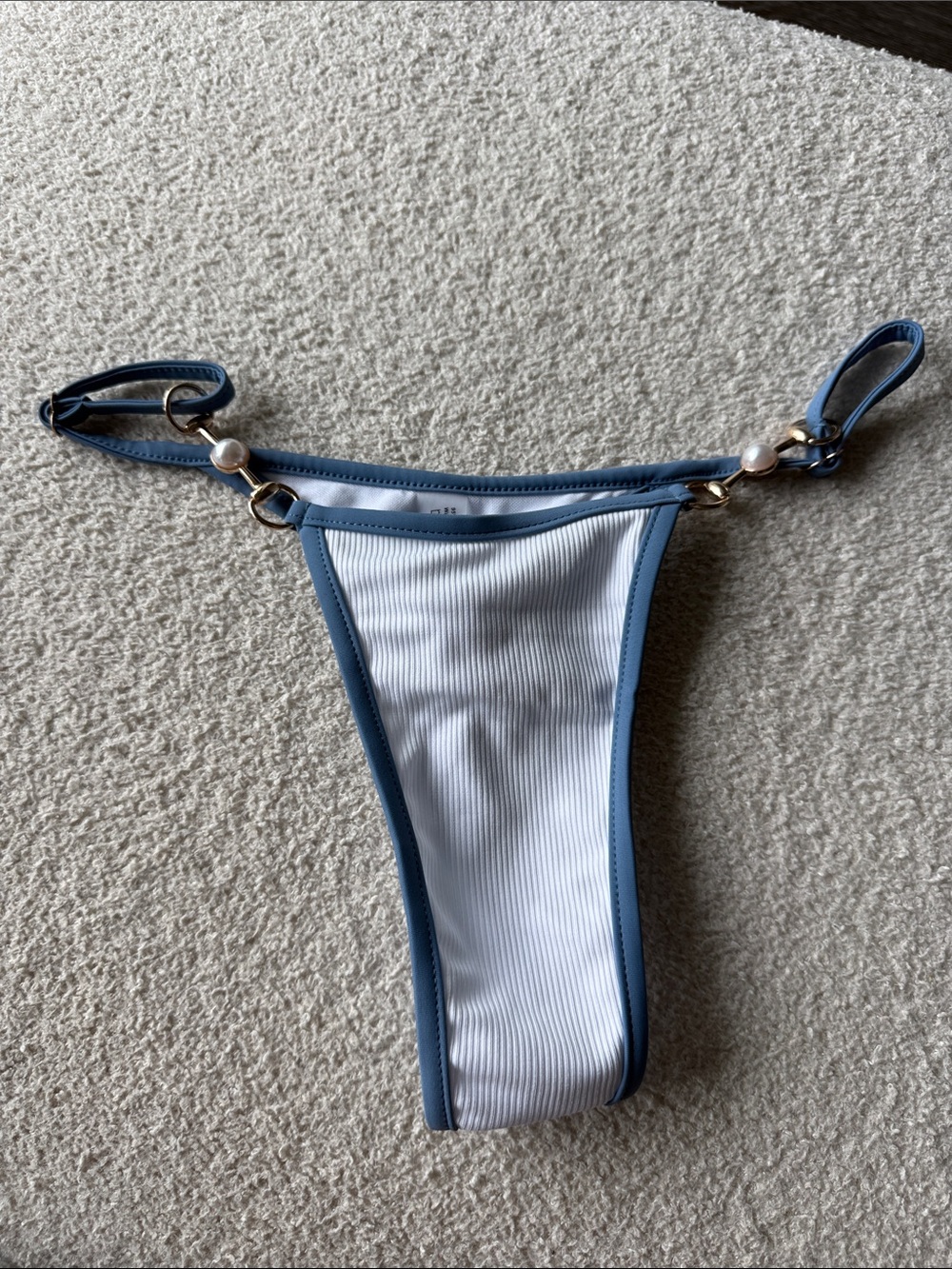 Ribbed White and Blue Trim Bikini Bottom